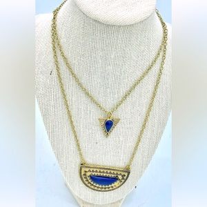 14k PLATED & BLUE STONE OLIVIA WELLES  2 PIECE ECLECTIC ENGRAVED NECKLACES IMP.